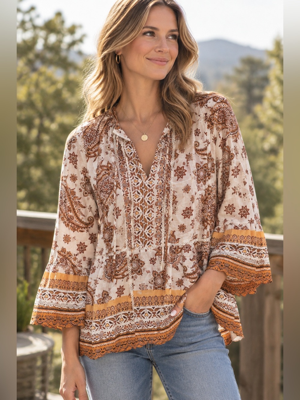 Fever White & Brown Paisley Tie-Neck Tunic